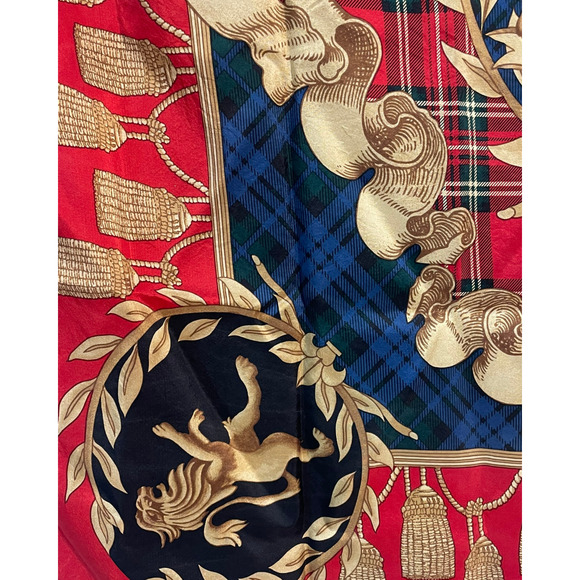 Vtg 80's Express Silk Scarf 34" Square Red Tassels Lions Plaid Preppy Retro Glam - Picture 2 of 7